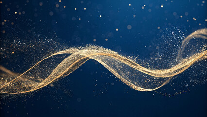 Minimal Gold Particle Swirl — flowing ribbon of micro gold dust forming abstract New Year motion trail on pure dark blue