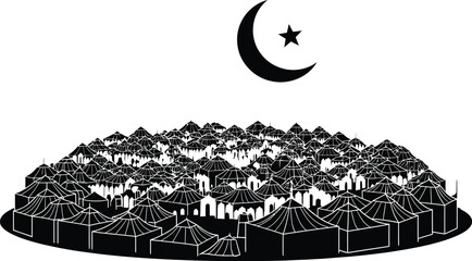 Black tents city with crescent moon and star, Ramadan, Eid Mubarak