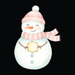 Cute snowman holding tambourine vector watercolor illustration, isolated winter cartoon
