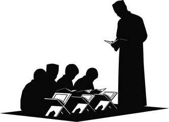 Islamic education with teacher and students reading, learning, studying