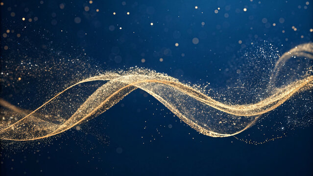 Minimal Gold Particle Swirl &mdash; flowing ribbon of micro gold dust forming abstract New Year motion trail on pure dark blue