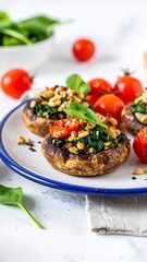 Close-up shot of baked stuffed mushrooms on a plate, garnished with tomatoes and nuts, with spinach