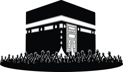 Black Kaaba with Praying People, Islamic Religious Symbol on Pilgrimage