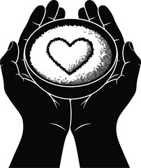 Rice bowl with heart held by hands, food donation and love concept