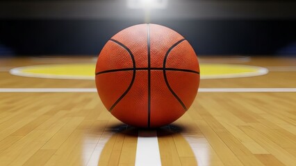 Naklejka premium Basketball on Wooden Court with Arena Lights