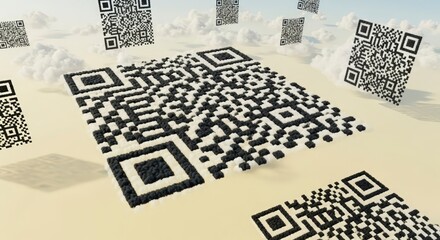 Multiple QR Codes Scattered Across a Light-Colored Surface.