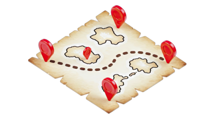 Treasure Map with Red Location Markers on White