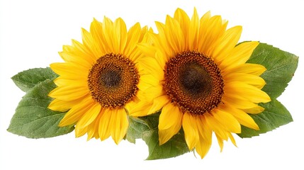 Fototapeta premium Two bright yellow sunflowers with green leaves on white background