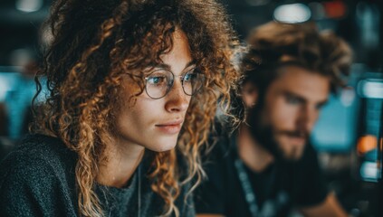 Female programmer with curly hair and glasses is focused on coding at a computer, with a male colleague in the background, showcasing a collaborative tech environment