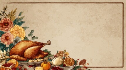 A beautifully illustrated Thanksgiving feast featuring a roasted turkey with various autumnal decorations and seasonal produce.