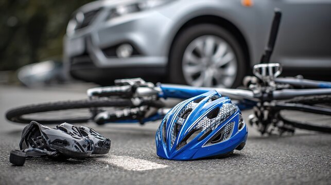 Road accident scene with bicycle helmet, shoes, and car