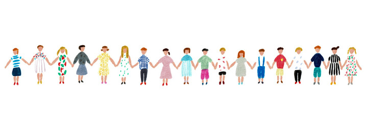 手描きイラスト　横一列に手をつなぐたくさんの子供たち