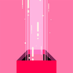 Opened Red Gift Box with Light Flowing up in Glitters and Speed lInes, Pixel Art Style Illustration