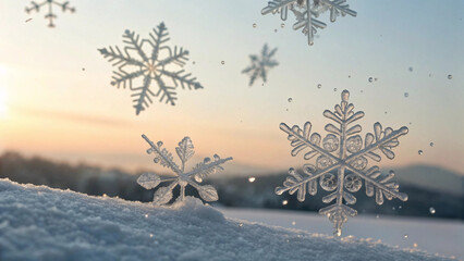 White Christmas abstract snowflakes with glass-like transparency, soft gradient sky, gentle falling particles, premium minimalist aesthetic