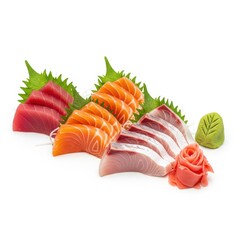 Fresh salmon tuna hamachi sashimi platter with wasabi and ginger isolated on white background