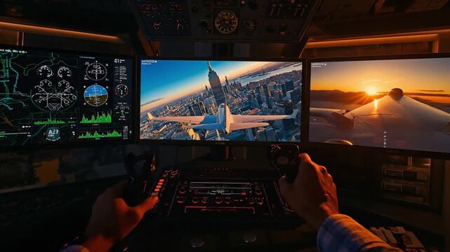 Immersive flight simulator experience from pilot's perspective, with multi-screen cockpit view of city and sunrise