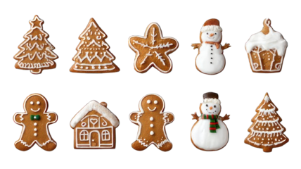 A collection of festive gingerbread cookies shaped like Christmas trees, stars, snowmen, gingerbread men, and a cozy house.