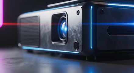 Fototapeta premium Close-up shot of a modern, sleek projector with captivating light effects, perfectly illuminating its advanced technology. 