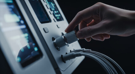 A focused individual meticulously connects the cables on the cutting-edge medical equipment in a futuristic and technological setting, symbolizing precision and technological progress.