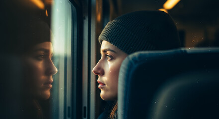 A contemplative journey. A young woman gazes pensively out the window of a train, her reflection mirroring her pensive mood.