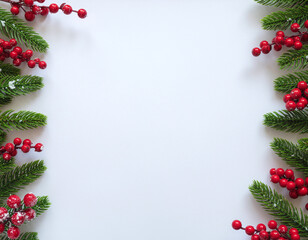 Christmas Pine and Red Berry Frame on White Background