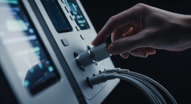 A focused individual meticulously connects the cables on the cutting-edge medical equipment in a futuristic and technological setting, symbolizing precision and technological progress. - Powered by Adobe