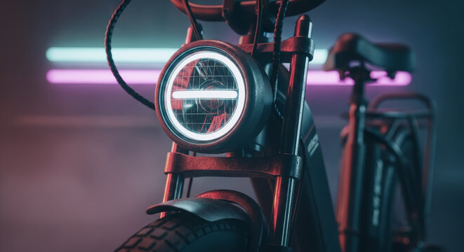 A close-up view of a stylish black e-bike, featuring a modern design, with a focus on its distinctive front headlight and illuminated detail against a hazy background.