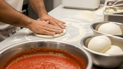 A chef is pressing down pizza dough on a kitchen counter, with bowls of tomato sauce and fresh mozzarella next to the dough, ready for pizza making.