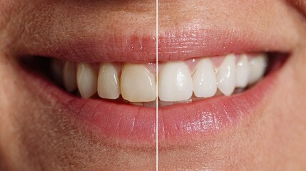 Before and After Teeth Whitening Comparison with Close-Up of Smiling Female Mouth Showing Healthy Teeth