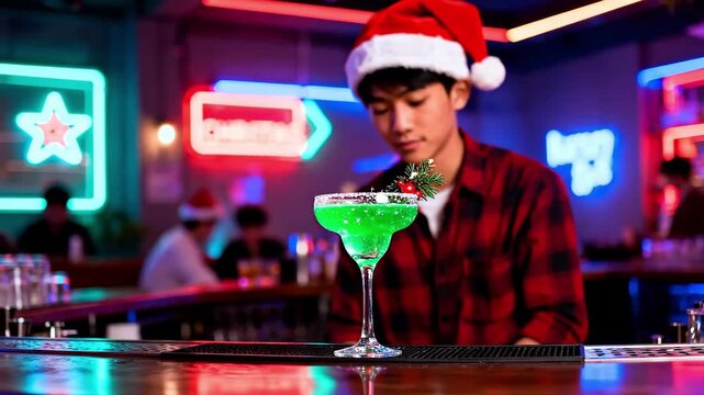 young asian bartender holds green cocktail in neon-lit club with colorful signage, santa hat, focused presentation, bright reflections on glass, lively crowd, trendy nighttime hospitality.