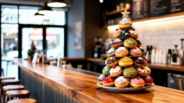 colorful donut display, colorful donut sculpture on rustic counter in lively cafe setting, festively adorned multicolored donut arrangement with warm lighting in bustling cafe environment.