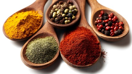 Assortment of spices in wooden spoons.