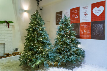 A festive Christmas tree display featuring sparkling ornaments, twinkling lights, and seasonal decorations. The tree is adorned with baubles, ribbons, garlands, and a bright star on top, creating a wa