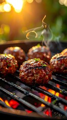 Close-up shot of grilled meatballs on a barbecue grill with smoke rising, backlit by a vibrant, warm sunset
