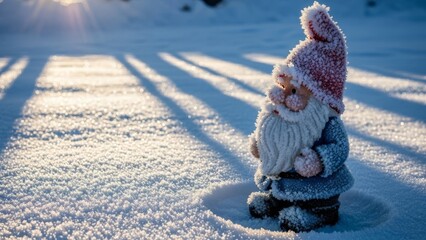 Frozen gnome statue — decorative garden gnome covered in snow for winter decoration, holiday themes and outdoor garden visuals.