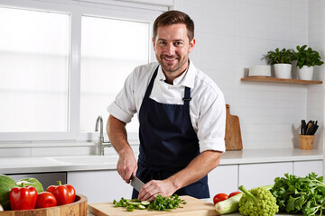 Smiling handsome male chef in a blue apron chopping fresh green vegetables on a wooden board in a modern white kitchen for a healthy vegetarian diet concept