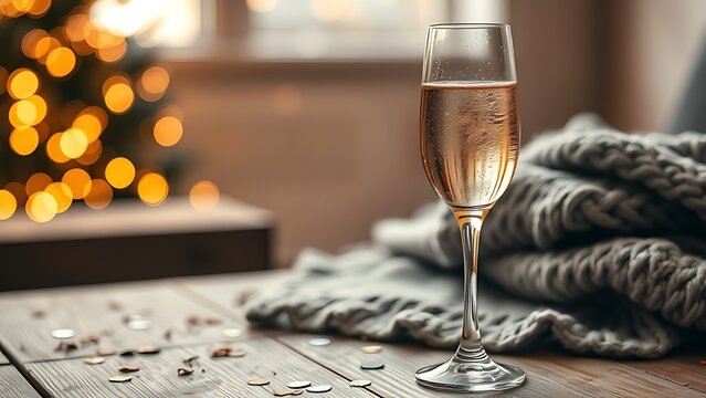 dcf. A champagne flute with golden bubbles on a wooden table beside a cozy blanket and festive confetti. bar promotions, beverage menus, designed for food & beverage menus and cafe branding.