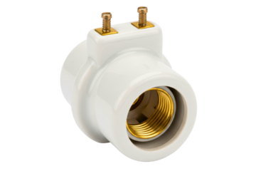 White ceramic lamp socket holder with brass screw terminals on isolated background