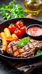 Close-up shot of grilled steak on a pan, accompanied by roasted carrots, cherry tomatoes, basil, and a small bowl of sauce