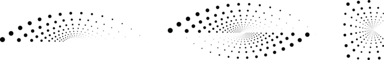 Set of three abstract wave halftone radial dot elements and swirl designs. Dot texture halftone for evoking or pop art aesthetic. Vortex or starburst design. Dynamic, or technological