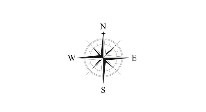 Minimalist Compass Rose Navigational Symbol on White Background.