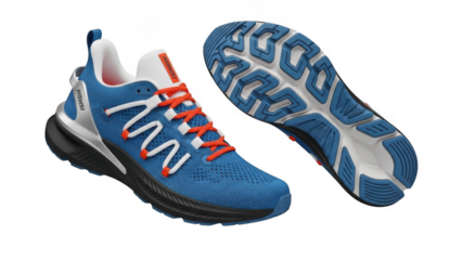 Pair of blue athletic running shoes isolated on transparent background