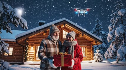 delivery drone delivers a christmas gift to an elderly couple white senior couple accepting drone parcel in front of illuminated log cabin, snowy yard, twinkling lights, couple smiling while holding. - Powered by Adobe