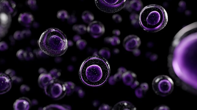 Floating purple cells with defined nuclei on a dark background - Powered by Adobe