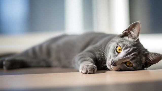 Relaxed grey cat with striking yellow eyes resting peacefully indoors. - Powered by Adobe