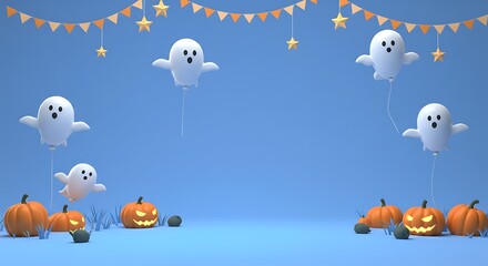 Charming 3D Halloween Scene Featuring Playful Floating Ghost Balloons and Glowing Jack-o'-Lanterns, Set Against a Festive Blue Backdrop with Star Bunting for Seasonal Celebrations