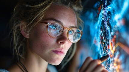 Focused young woman with glasses analyzing vibrant digital data streams on futuristic interactive screen, showcasing intense concentration and technological engagement for modern innovation.
