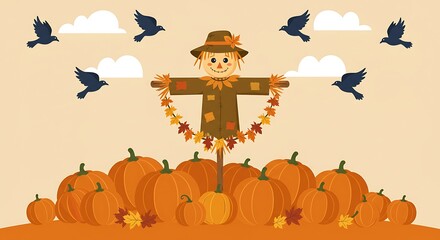 Autumn scarecrow with pumpkins and birds flying around, a festive harvest illustration