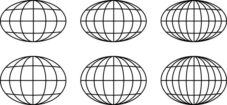 Word Icon Set, Globe Icon Set, Globe Black and White Line Vector Bundle