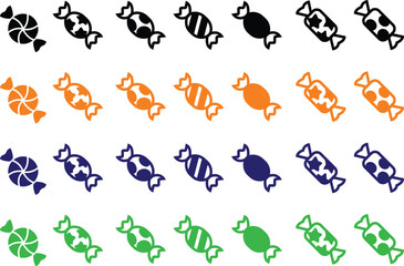 Candy sweets icon set collection group in colorful flat line style featuring confection, dessert, treat, bonbon, sugar, snack and related synonym elements for holiday graphics, packaging, party design